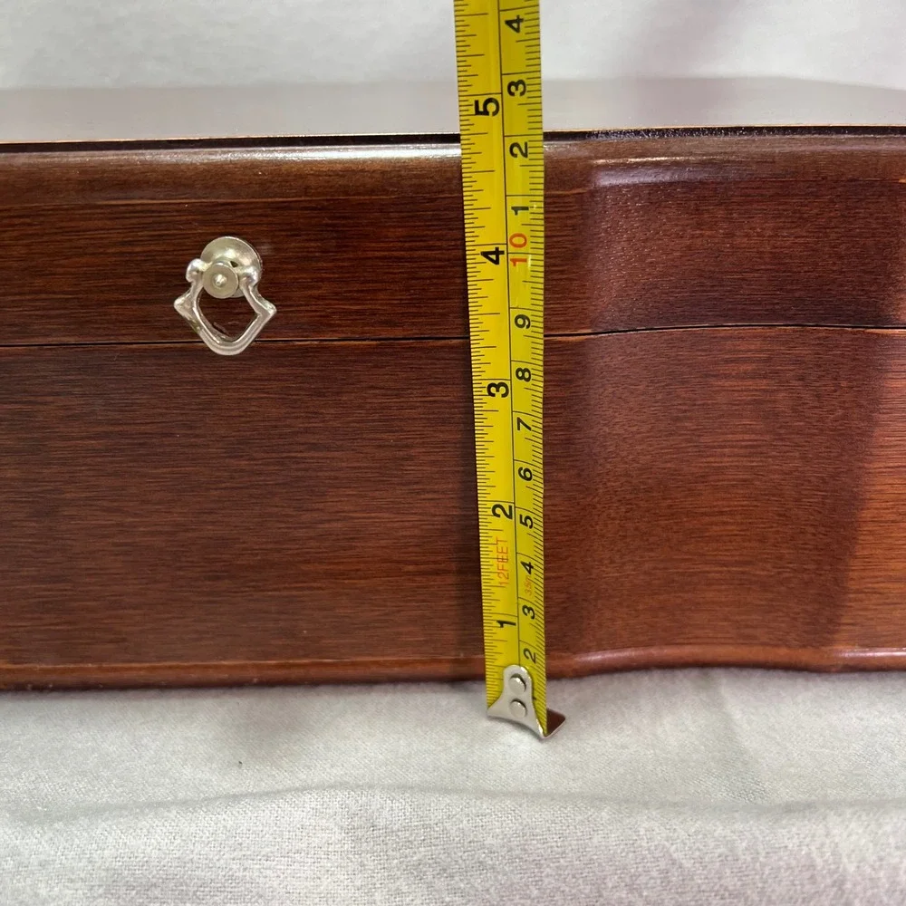 Vintage Wooden Jewelry Box Chest Red Velvet Lining Removable Tray Necklace Hooks